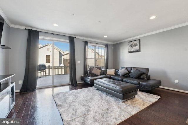 living room with ornamental molding and dark wood-type flooring