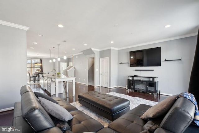 living room with crown molding, sink, and dark wood-type flooring