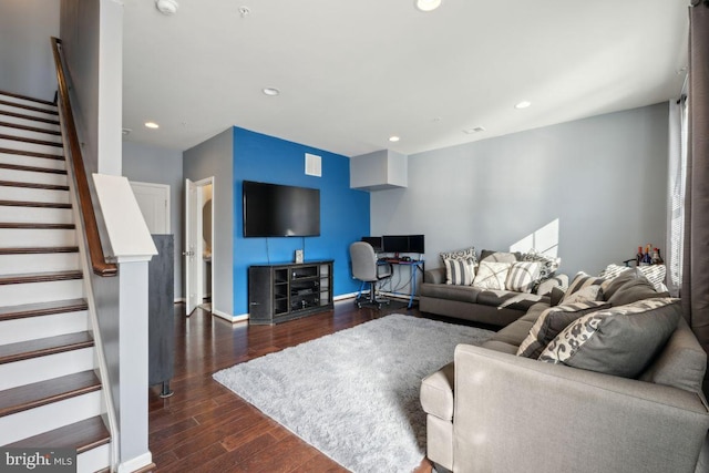 living room with dark wood-type flooring