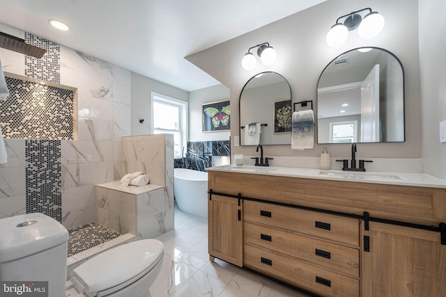 full bathroom with vanity, toilet, and independent shower and bath