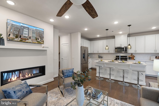 living room featuring ceiling fan and hardwood / wood-style floors