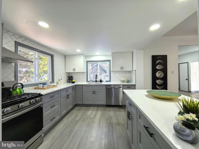 kitchen featuring gray cabinetry, sink, appliances with stainless steel finishes, tasteful backsplash, and light hardwood / wood-style floors