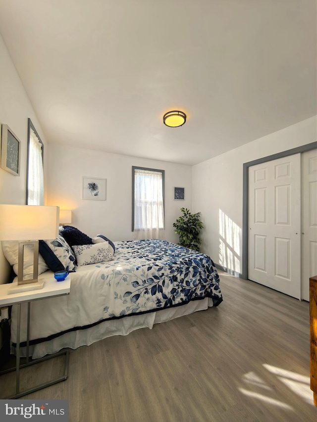 bedroom featuring hardwood / wood-style floors and a closet