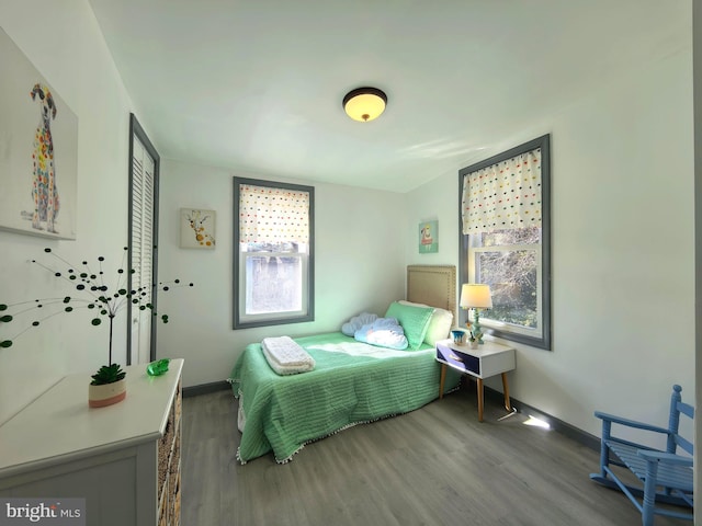 bedroom with hardwood / wood-style floors and multiple windows