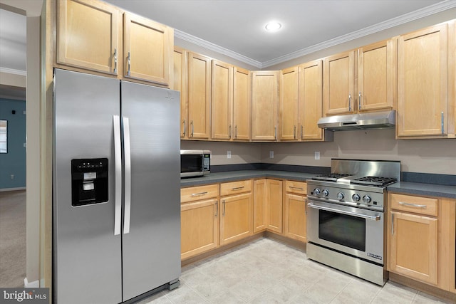 kitchen with light brown cabinets, stainless steel appliances, and ornamental molding