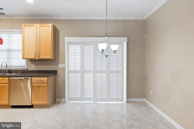 kitchen featuring an inviting chandelier, sink, hanging light fixtures, stainless steel dishwasher, and ornamental molding