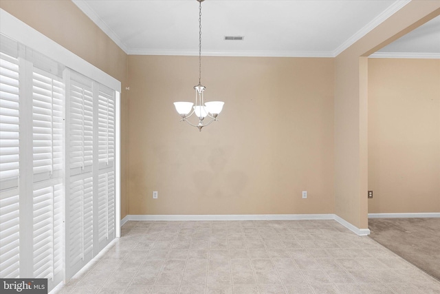 unfurnished dining area featuring crown molding and a notable chandelier