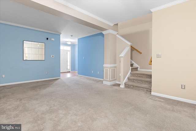 unfurnished living room with carpet flooring and ornamental molding