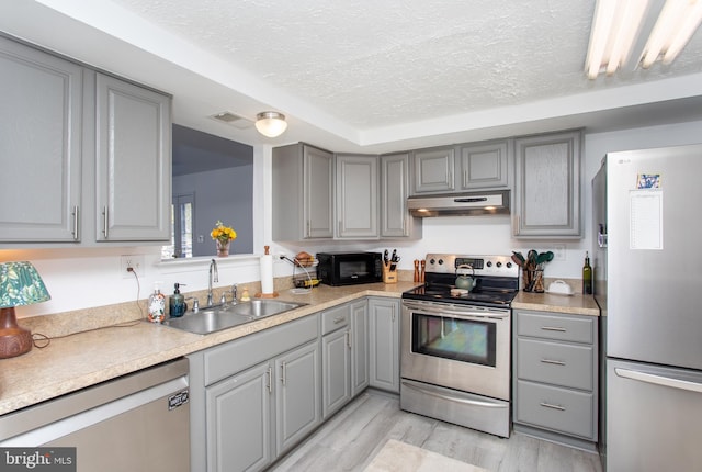 kitchen with appliances with stainless steel finishes, gray cabinetry, a textured ceiling, sink, and light hardwood / wood-style flooring