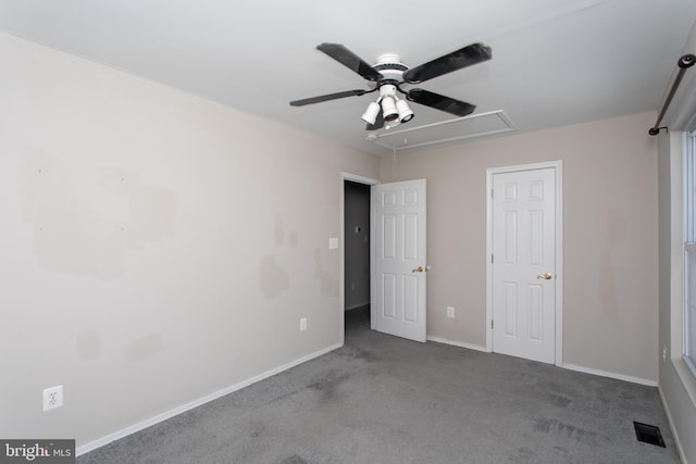 unfurnished bedroom with carpet flooring and ceiling fan