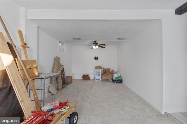 miscellaneous room featuring carpet, ceiling fan, and crown molding