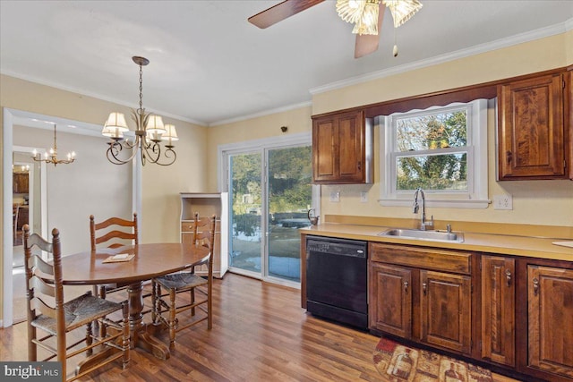 kitchen featuring ceiling fan with notable chandelier, crown molding, sink, pendant lighting, and dishwasher