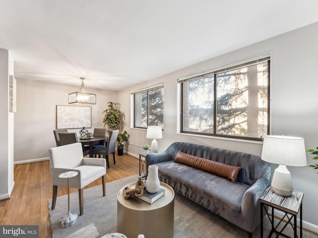 living room with a chandelier and wood-type flooring