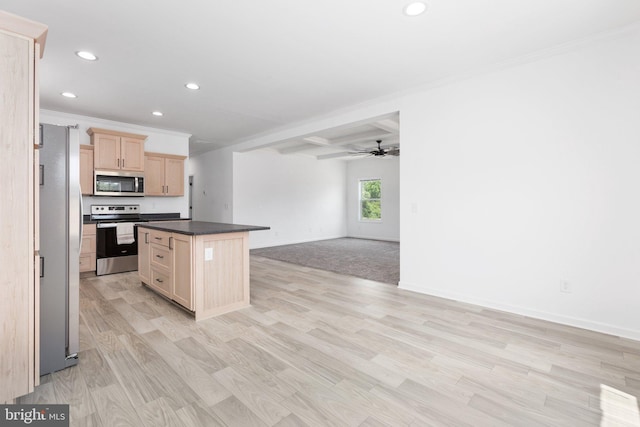 kitchen with beam ceiling, a center island, light brown cabinets, stainless steel appliances, and ornamental molding