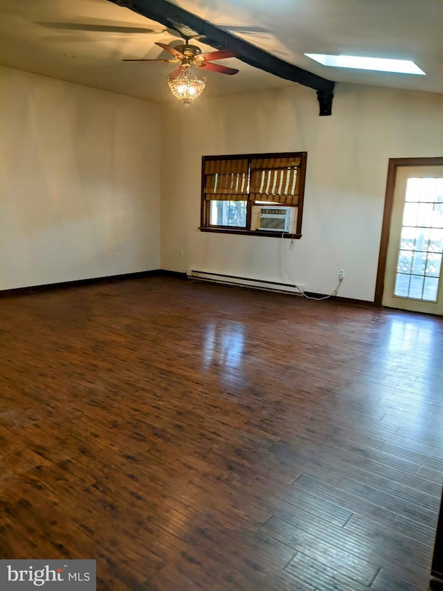 spare room with a baseboard heating unit, ceiling fan, cooling unit, dark hardwood / wood-style flooring, and lofted ceiling with beams