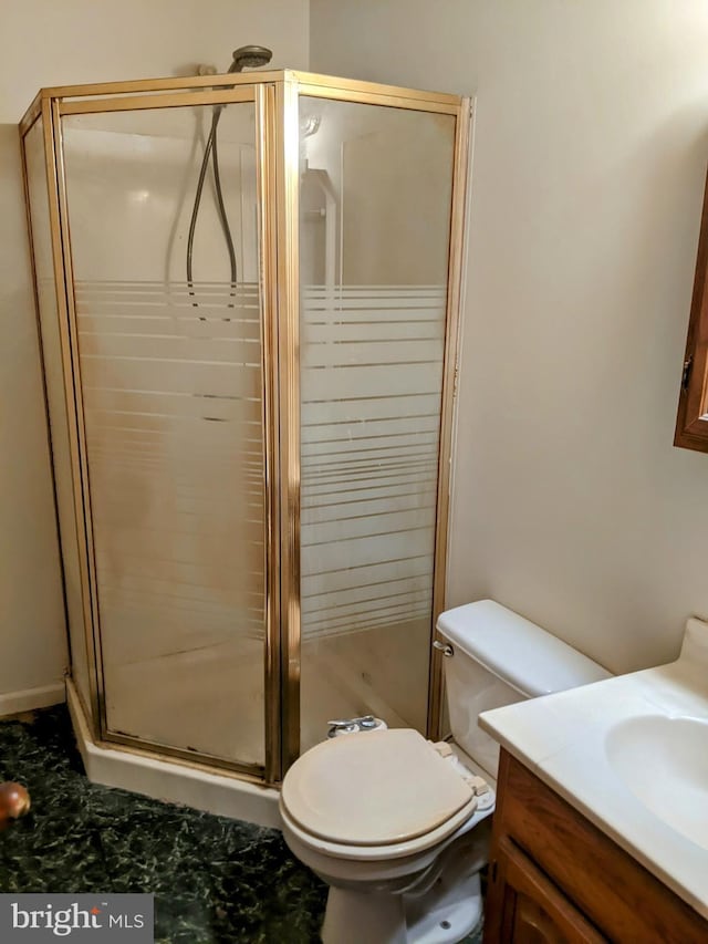 bathroom featuring an enclosed shower, vanity, and toilet