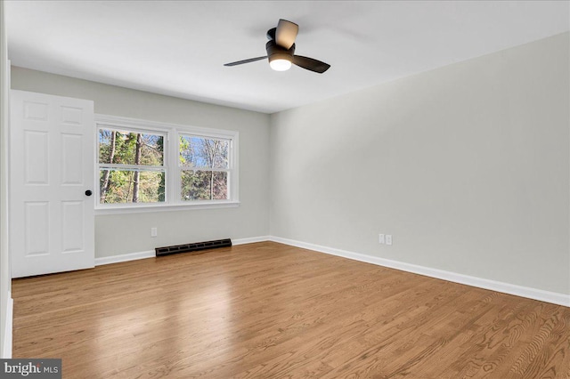 empty room with ceiling fan and light hardwood / wood-style flooring