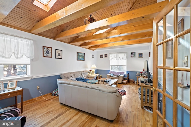 living room featuring a wealth of natural light, beamed ceiling, a skylight, and wood ceiling