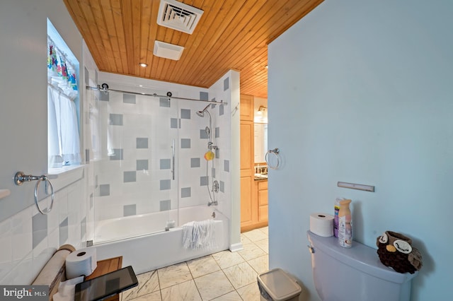 bathroom with wooden ceiling, enclosed tub / shower combo, and toilet