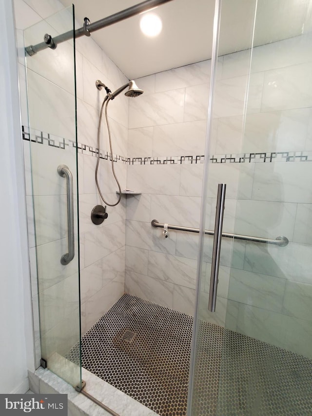 bathroom featuring a shower with shower door