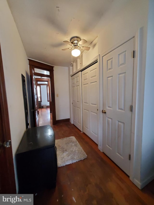 hallway with dark hardwood / wood-style flooring