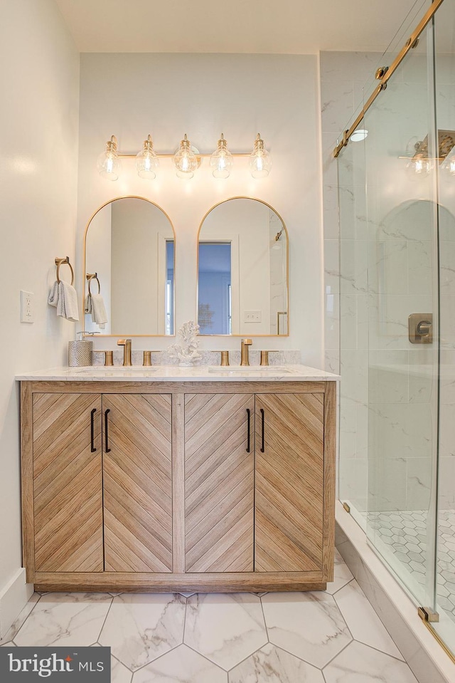 bathroom with vanity and an enclosed shower