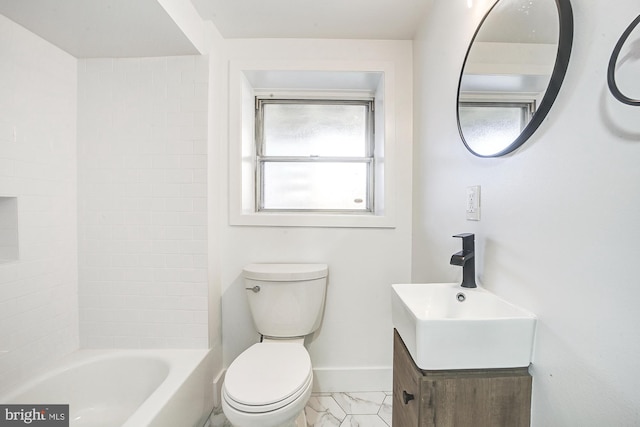 full bathroom with bathing tub / shower combination, vanity, and toilet