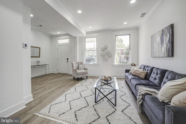 living room featuring wood-type flooring and ornamental molding