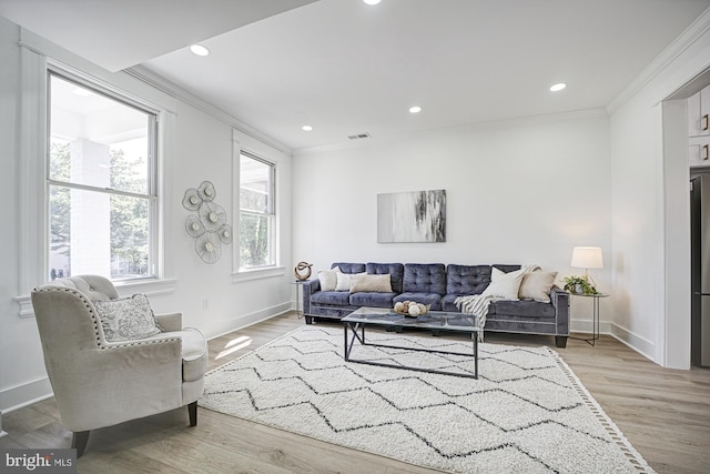 living room with crown molding and light hardwood / wood-style flooring