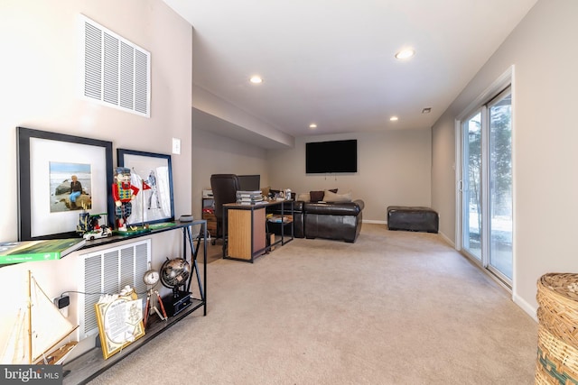 living room with light colored carpet