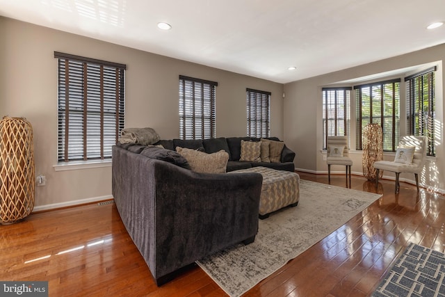 living room featuring dark wood-type flooring