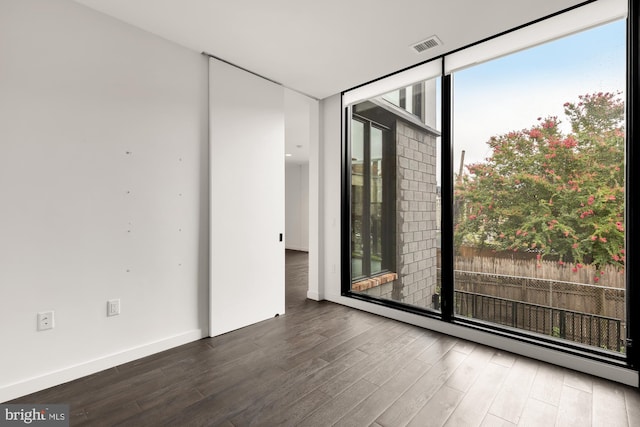 spare room with dark hardwood / wood-style floors and expansive windows