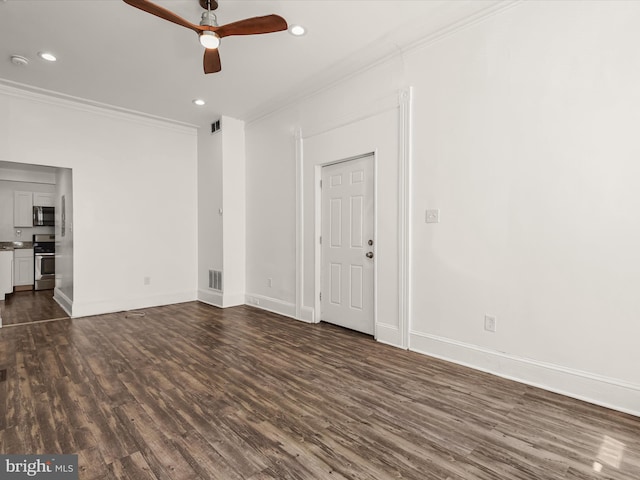 unfurnished living room featuring ceiling fan, dark hardwood / wood-style flooring, and crown molding