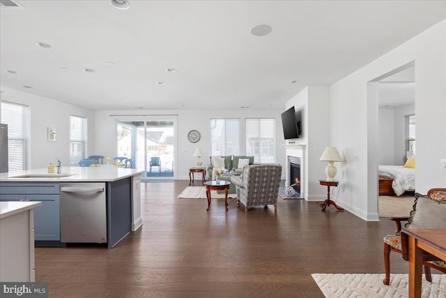 kitchen with sink, stainless steel dishwasher, and dark hardwood / wood-style floors