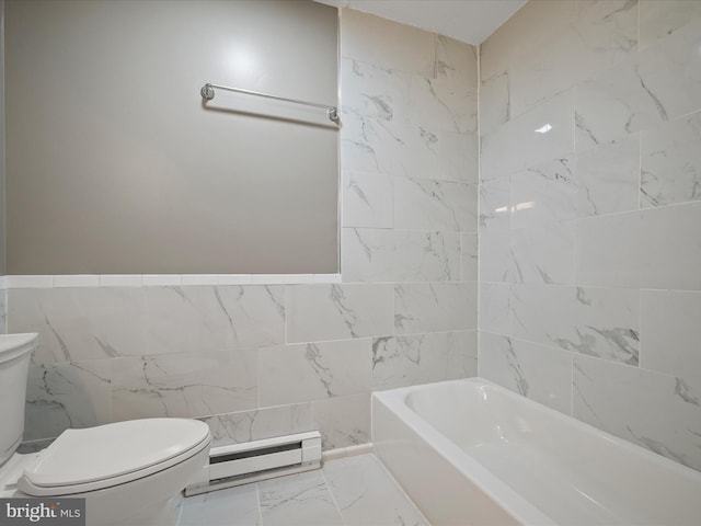 bathroom featuring tile walls, a baseboard heating unit, toilet, and a bathing tub