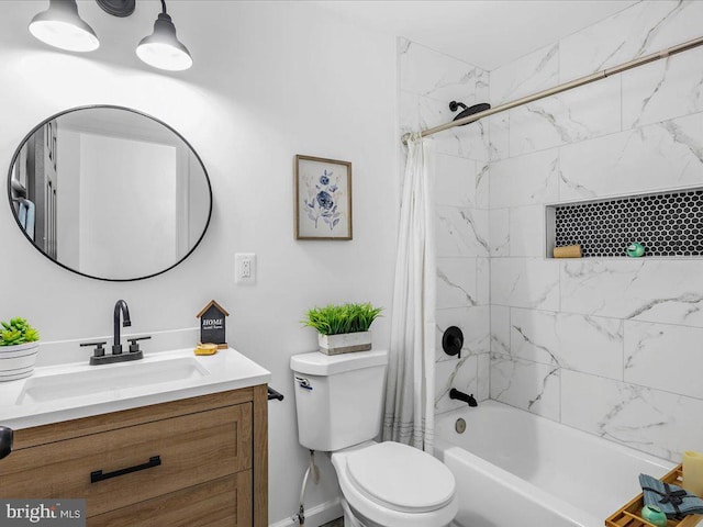 full bathroom featuring vanity, shower / bath combo, and toilet