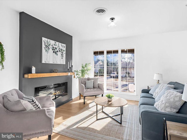 living room featuring wood-type flooring and a large fireplace