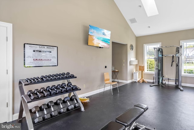 gym with a skylight and high vaulted ceiling