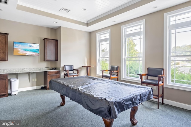 playroom with a tray ceiling, plenty of natural light, built in desk, and pool table