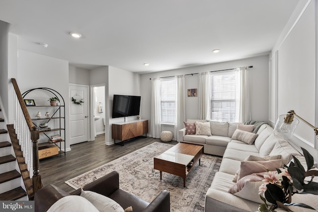 living room with dark wood-type flooring