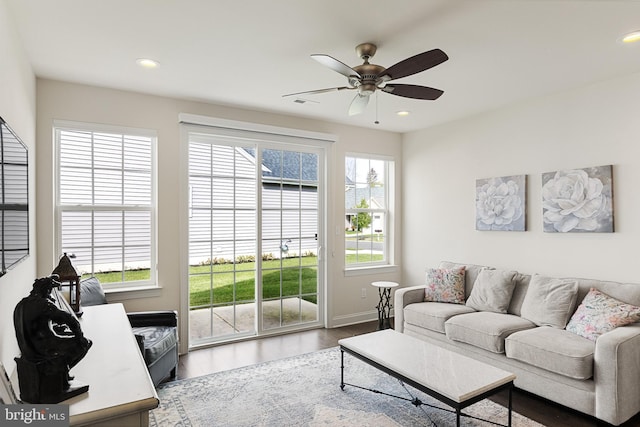 living room with hardwood / wood-style flooring and ceiling fan