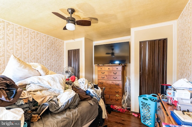 bedroom with ceiling fan and dark hardwood / wood-style flooring