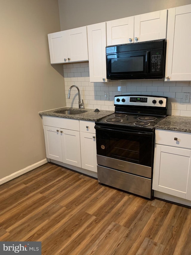 kitchen with sink, white cabinets, dark hardwood / wood-style flooring, and stainless steel electric range oven