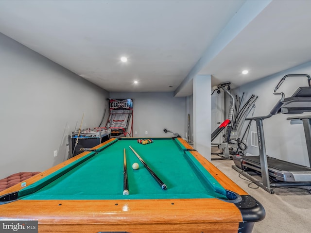 game room featuring carpet flooring and billiards