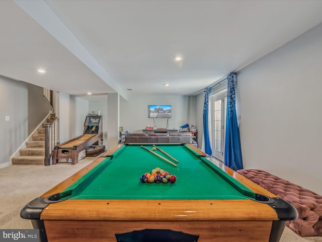 game room with carpet floors and pool table