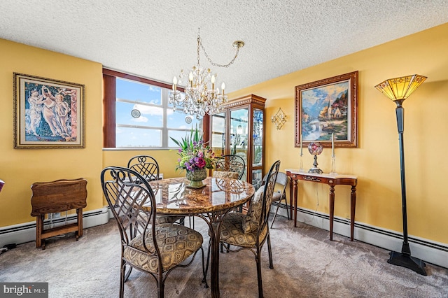 dining room featuring carpet, a textured ceiling, an inviting chandelier, and a baseboard heating unit