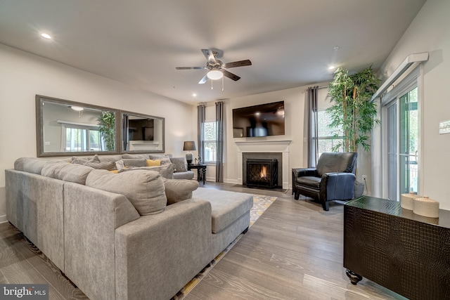 living room featuring ceiling fan, light hardwood / wood-style floors, and a wealth of natural light