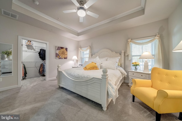 bedroom featuring a raised ceiling, multiple windows, and a closet