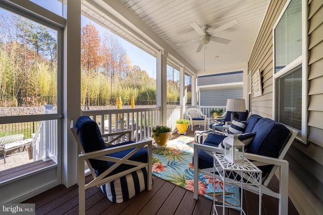 sunroom / solarium featuring a healthy amount of sunlight and ceiling fan