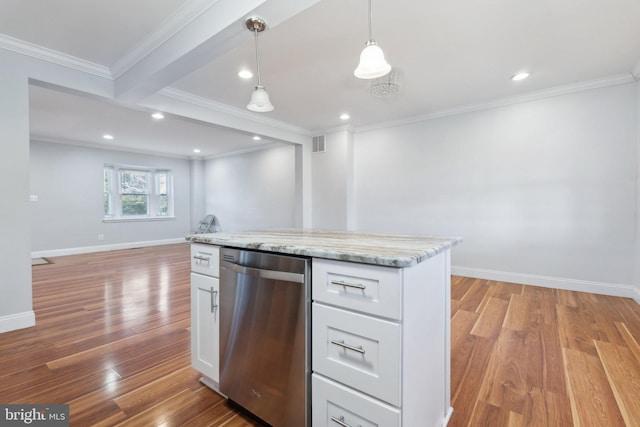 kitchen with white cabinetry, stainless steel dishwasher, light hardwood / wood-style floors, and pendant lighting